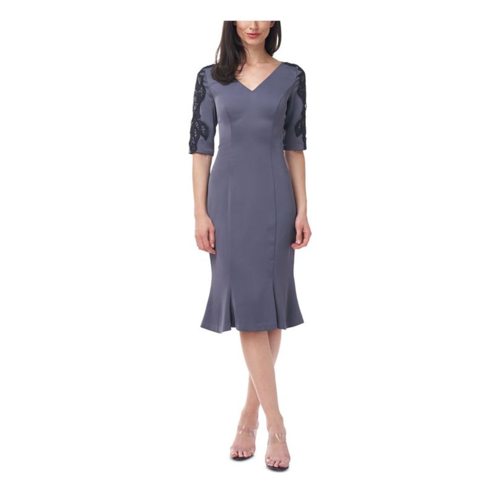 JS COLLECTION Womens Gray Elbow Sleeve Below The Knee Sheath Dress 6
